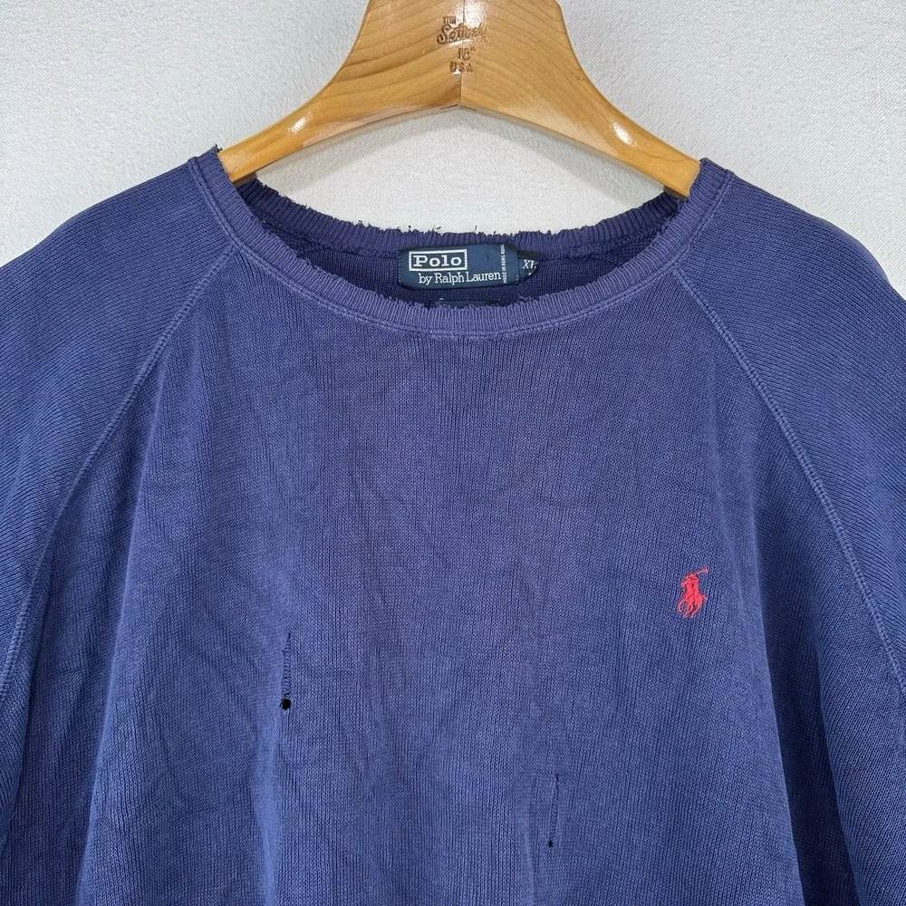 90's‎ Vtg Polo Ralph Lauren Raglan Short Sleeve Sweatshirt Blue XL *Distressed